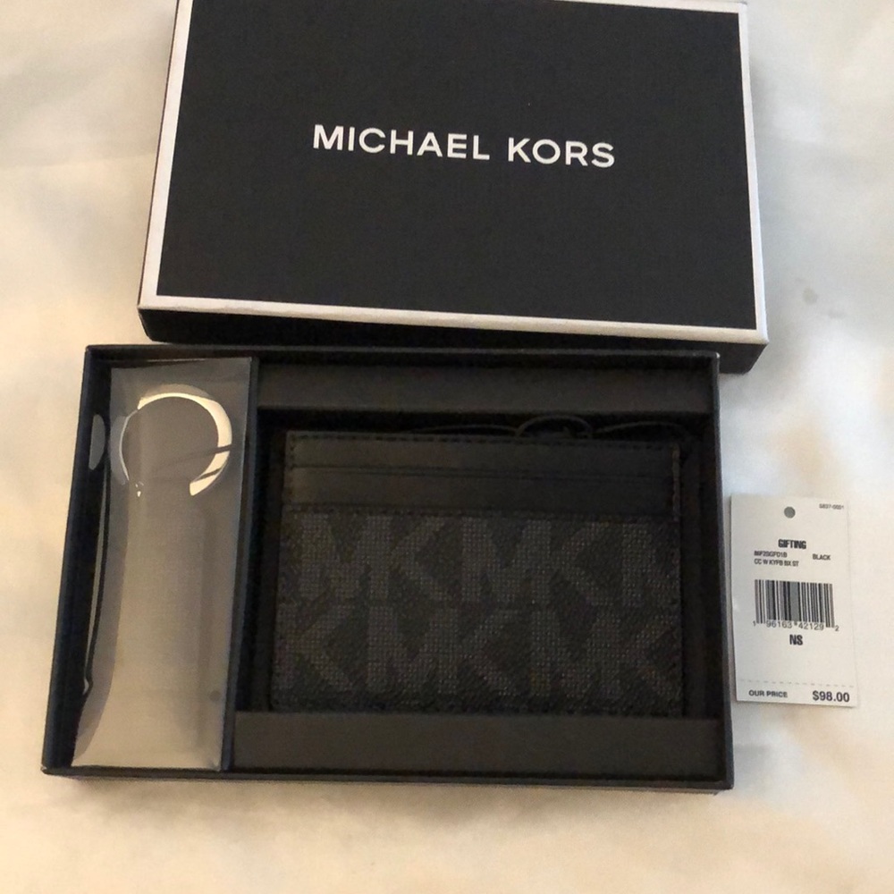 Michael Kors Black Subtle Logo Card Case & Keychain Leather NWT & Box